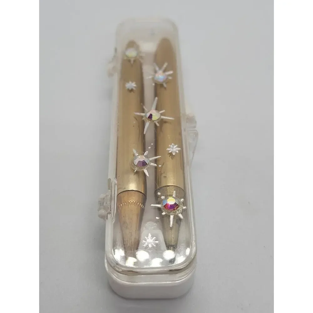 Mid Century Atomic Pen Set‎ Gold Star Rhinestone Clear Case Statement Piece